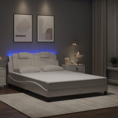 vidaXL Cadru de pat cu lumini LED, alb, 140x190 cm, piele ecologică 3214016 foto