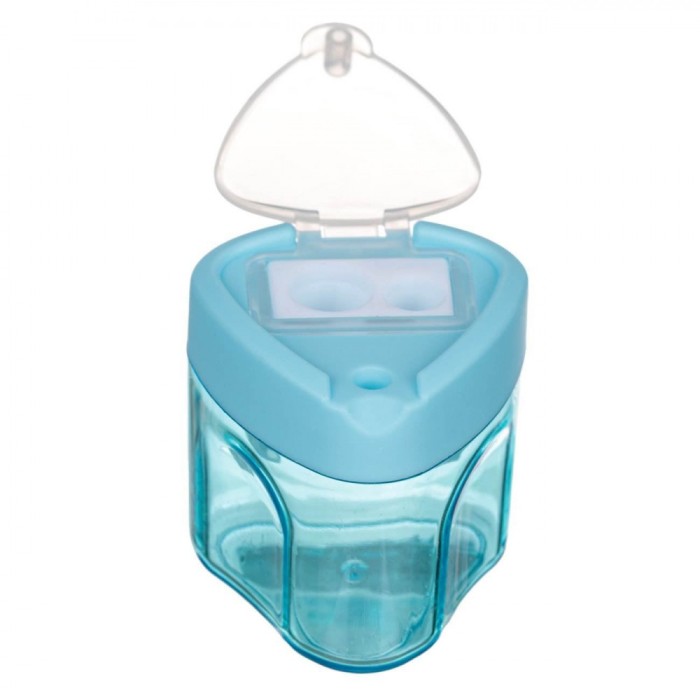 Ascuțitoare Plastic Triunghiulară, Capac Transparent, Două Găuri, Bleu