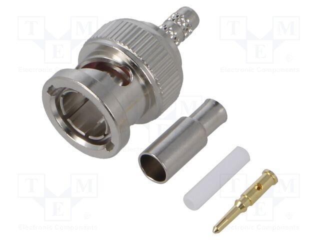 Conector BNC mufă tată drept 75&Omega; crimpat pe cablu AMPHENOL RF aurit