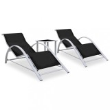 Set 2 Șezlonguri Plajă Aluminiu vidaXL Negru + Măsuță Sticlă, 167x60x66cm, Mobilier Grădină Exterior, Rezistent Intemperii