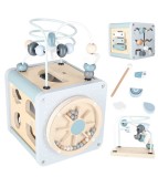Cub Educativ din Lemn 5 in 1 cu Activitati Motrice Sortator si Xilofon