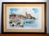 Golful din La Spezia - tablou original acuarela pe carton, semnat, 52,5x38,5cm, Marine, Impresionism
