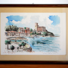 Golful din La Spezia - tablou original acuarela pe carton, semnat, 52,5x38,5cm