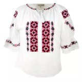 Cumpara ieftin Ie Traditionala Alba pentru Fetite cu Motiv Geometric Rosu - ITF06