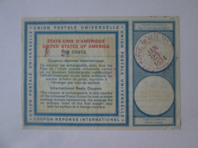 USA cupon evaluat 22 Cents platiti 26 Cents 1974 IRC-Cupon raspuns international foto