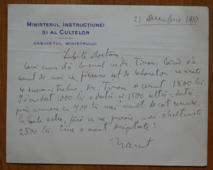 Scrisoare Spiru Haret, pe hartie cu antet si plic, 1910