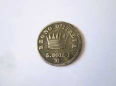 Rara! Statele Italiene/Regatul Napoleonian al Italiei 5 Soldi 1813 M argint 900,Napoleon I,diam=15 mm,moneda din imagini la cel mai mic pret