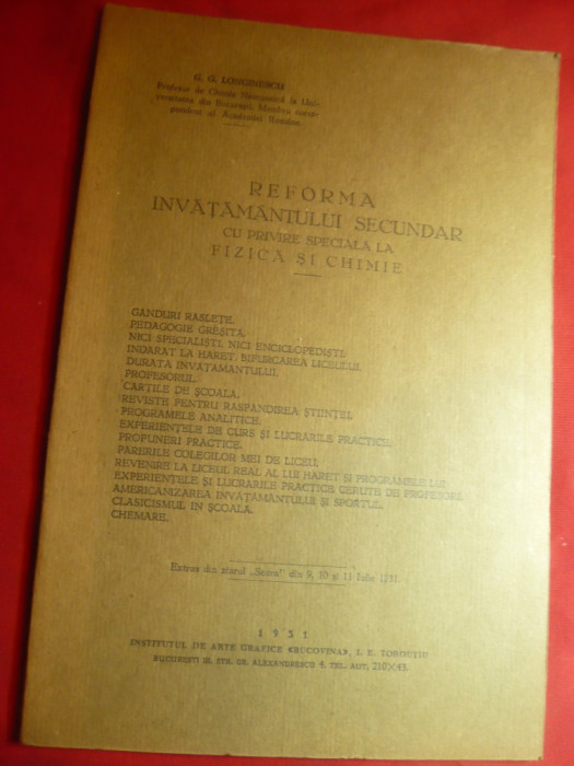 GG Longinescu -Reforma invatamantului sec.previre speciala fizica si chimie 1931