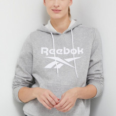 Reebok bluza femei, culoarea gri, cu glugă, cu imprimeu