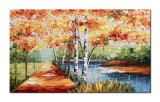 Tablou 3D peisaj pictat manual, Pe aleea cu mesteceni, 100x60cm ulei pe panza, Leonard Covaci