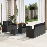Set canapea gradina Gossi cu 8 piese si perne ratan poli negru acacia, set masa gradina Gossi cu 3 piese si perne ratan poli negru acacia