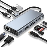 Cumpara ieftin Hub USB-C 11 in 1, 4x USB-A, HDMI 4K, VGA, RJ45, USB-C, PD 87W, Jack Audio, SD/MicroSD, Docking Station Laptop/MacBook/Chromebook, Gri