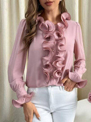 Bluza stil camasa cu volanase, roz foto