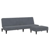 Canapea extensibila cu taburet, 2 locuri, gri inchis, catifea