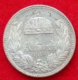 (A341) MONEDA ARGINT UNGARIA - 1 KORONA 1915, FRANZ JOSEPH, STARE FRUMOASA, LUCIU DE BATERE