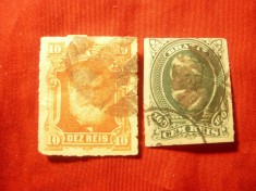 2 Timbre Brazilia 1877 nedantelat 10r si 100r stampilate