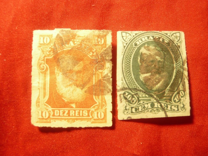 2 Timbre Brazilia 1877 nedantelat 10r si 100r stampilate