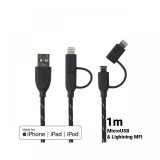 Cablu MicroUSB &amp; Lightning MFI Boompods Duo Black (1m, impletitura textila)