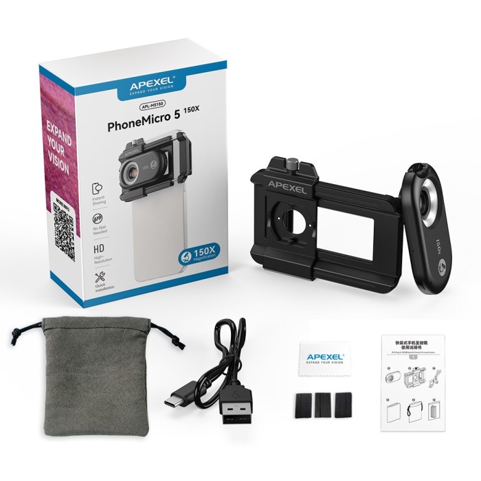 Lentila microscop, Apexel Phone Micro 5, zoom 150x, sistem prindere pentru iPhone 16, 15, 14,13,12,11, Samsung S24/S23/S22, Huawei, Xiaomi, Oppo