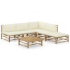Set mobilier de gradina cu perne alb crem, 6 piese, bambus