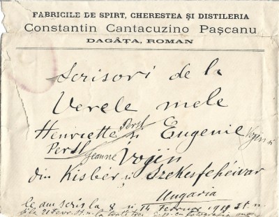 A3141N Plic cu antet Fabricile de spirt, cherestea și distileria Constantin Cantacuzino Pașcanu, Dag&amp;acirc;ța, Roman foto