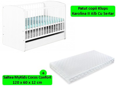 Patut cu sertar KLUPS Karolina II Alb + Saltea 12 MyKids Confort II GreatGoods Plaything foto