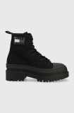 Tommy Jeans botine TJW FOXING CANVAS BOOT femei, culoarea negru, cu platforma, EN0EN02216