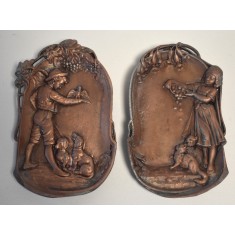 Două aplice de perete Art Nouveau - scene copii cu animale - antimoniu - cca.1900