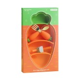 Set diversificare bebelusi flippy, din silicon, 23.5 x 12.5 cm, 1 farfurie compartimentata in forma de morcov, lingurita si furculita, pai, perie pai,