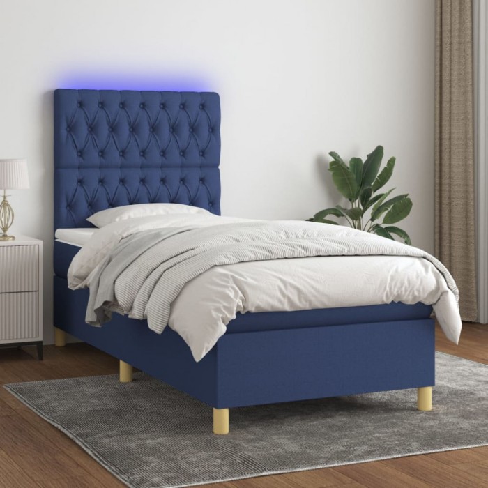 vidaXL Pat cu arcuri, saltea și LED, albastru, 90x190 cm, textil 3135643