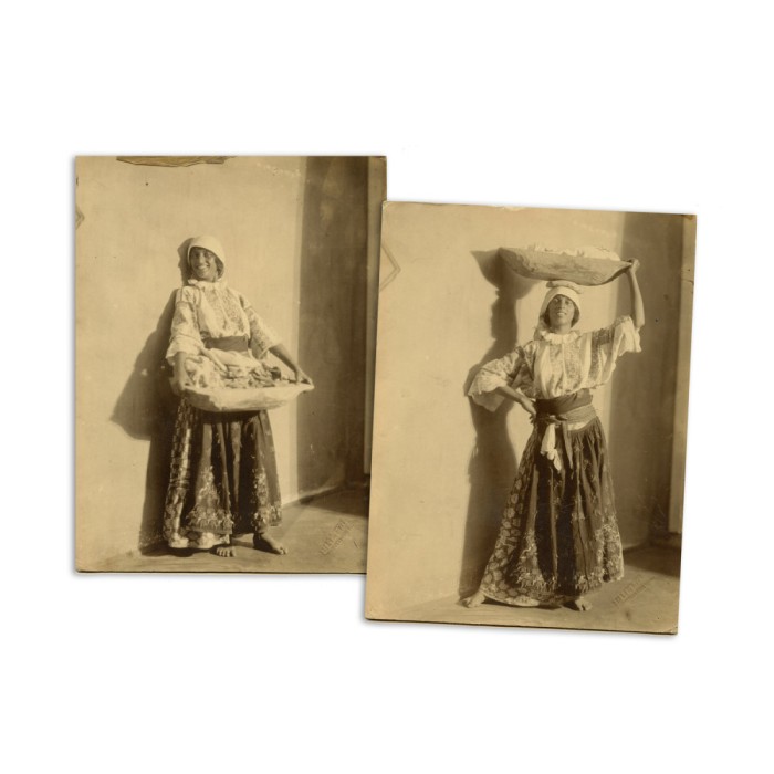 T&acirc;nără cu covata, două fotografii de epocă, atelier Julietta