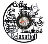 Ceas de Perete Disc Vinil Coffee and Tea Bar, Decor Cesti Cafea, Negru 30 cm, Mecanism Silentios, Manual