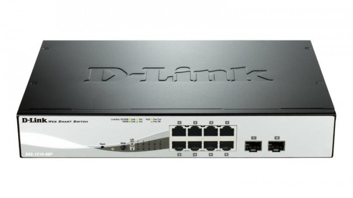 D-link switch dgs-1210-08p 8 porturi gigabit poe 802.3af poe budget45w 2 porturi combo 1000baset/sfp capacity