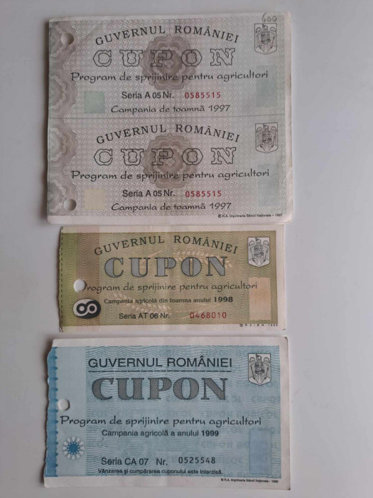 LOT trei cupoane/tichete program de spijin agricultori anii 1997, 1998, 1999