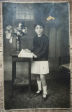 Fetita cu carte// foto tip CP, Foto-Sic Bucuresti, Romania 1900 - 1950, Portrete