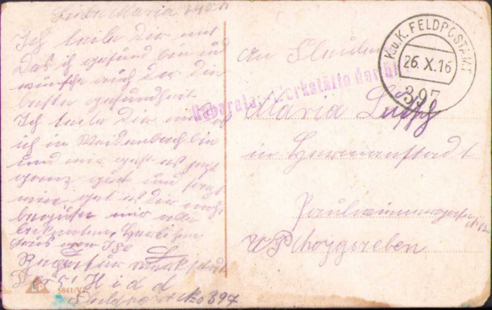 HST CP73 Carte poștală 1916 Feldpost 397 + Reparatur Werkstatte circulată Sibiu