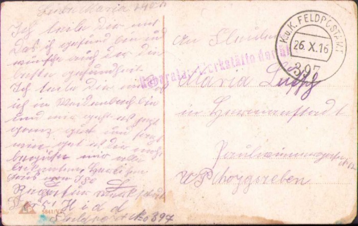 HST CP73 Carte poștală 1916 Feldpost 397 + Reparatur Werkstatte circulată Sibiu