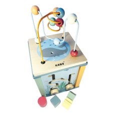 Jucarie educativa si interactiva tip cub, din lemn, cu activitati pentru copii