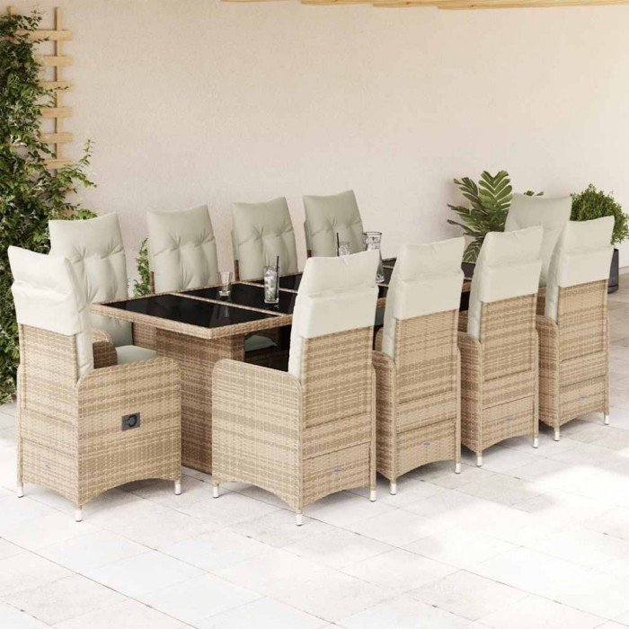 vidaXL Set bistro de grădină, 11 piese, cu perne, bej, poliratan