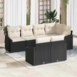Set de dining de grădină de 7 piese cu perne Negru ratan poliesteric