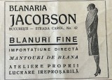 1931 Reclamă rom&acirc;nească Blănăria JACOBSON București interbelic Str. Carol nr.42 istoria modei Mantouri de blana Romania capitalista eleganta feminină