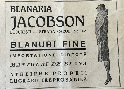 1931 Reclamă rom&amp;acirc;nească Blănăria JACOBSON București interbelic Str. Carol nr.42 istoria modei Mantouri de blana Romania capitalista eleganta feminină foto