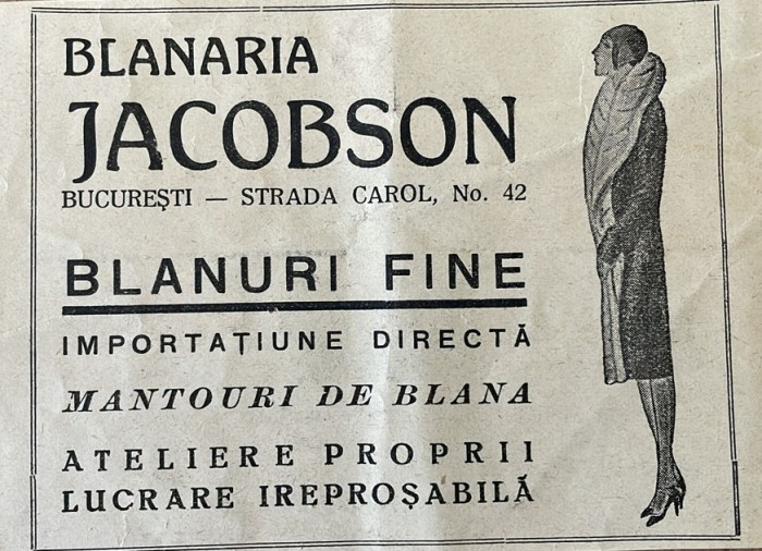 1931 Reclamă rom&acirc;nească Blănăria JACOBSON București interbelic Str. Carol nr.42 istoria modei Mantouri de blana Romania capitalista eleganta feminină