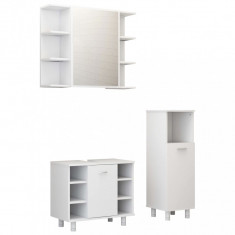 Set mobilier de baie, 3 piese, alb extralucios, lemn prelucrat