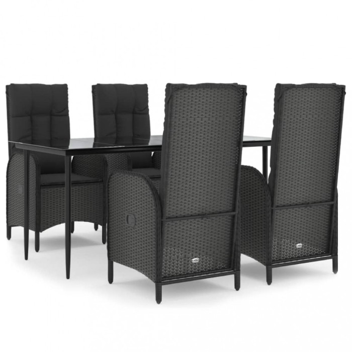 Set mobilier de gradina cu perne, 5 piese, negru, poliratan