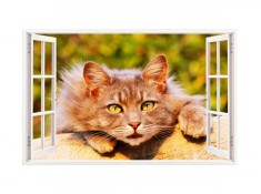 Sticker decorativ, Fereastra 3D, Pisica, 85 cm, 300STK