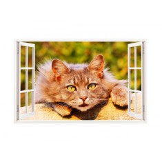 Sticker decorativ, Fereastra 3D, Pisica, 85 cm, 300STK