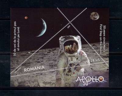 ROMANIA 2019 - 50 ANI DE LA PRIMUL PAS AL OMULUI PE LUNA, COLITA, MNH - LP 2247a foto