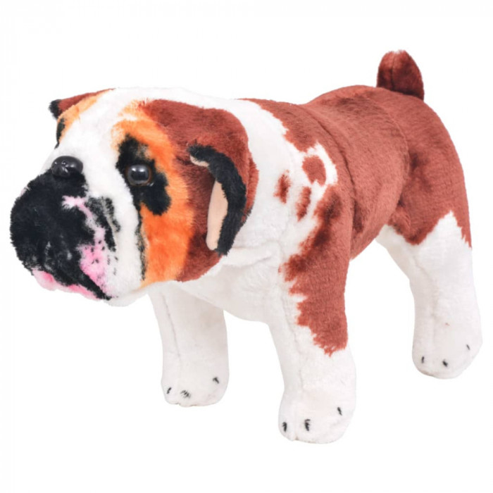 Jucărie bulldog din pluș &icirc;n picioare, alb și maro, XXL