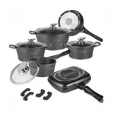 Set oale si tigai cu capace 15 piese Royaly Line ES 1015M 15 piese, negru, marmorate, inductie, Royalty Line